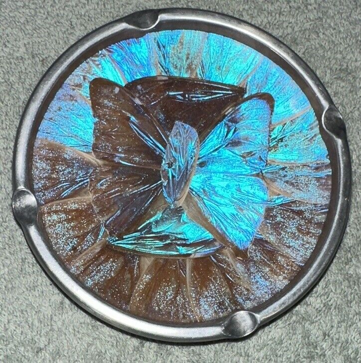 Rare Blue Morpho Iridescent Butterfly, Aluminum Vintage Table  Ashtray