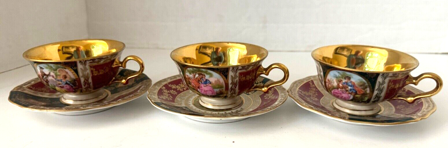 3 Sets Royal Vienna Tea Cup and Saucer by Waldershof Love Story Germany Antique