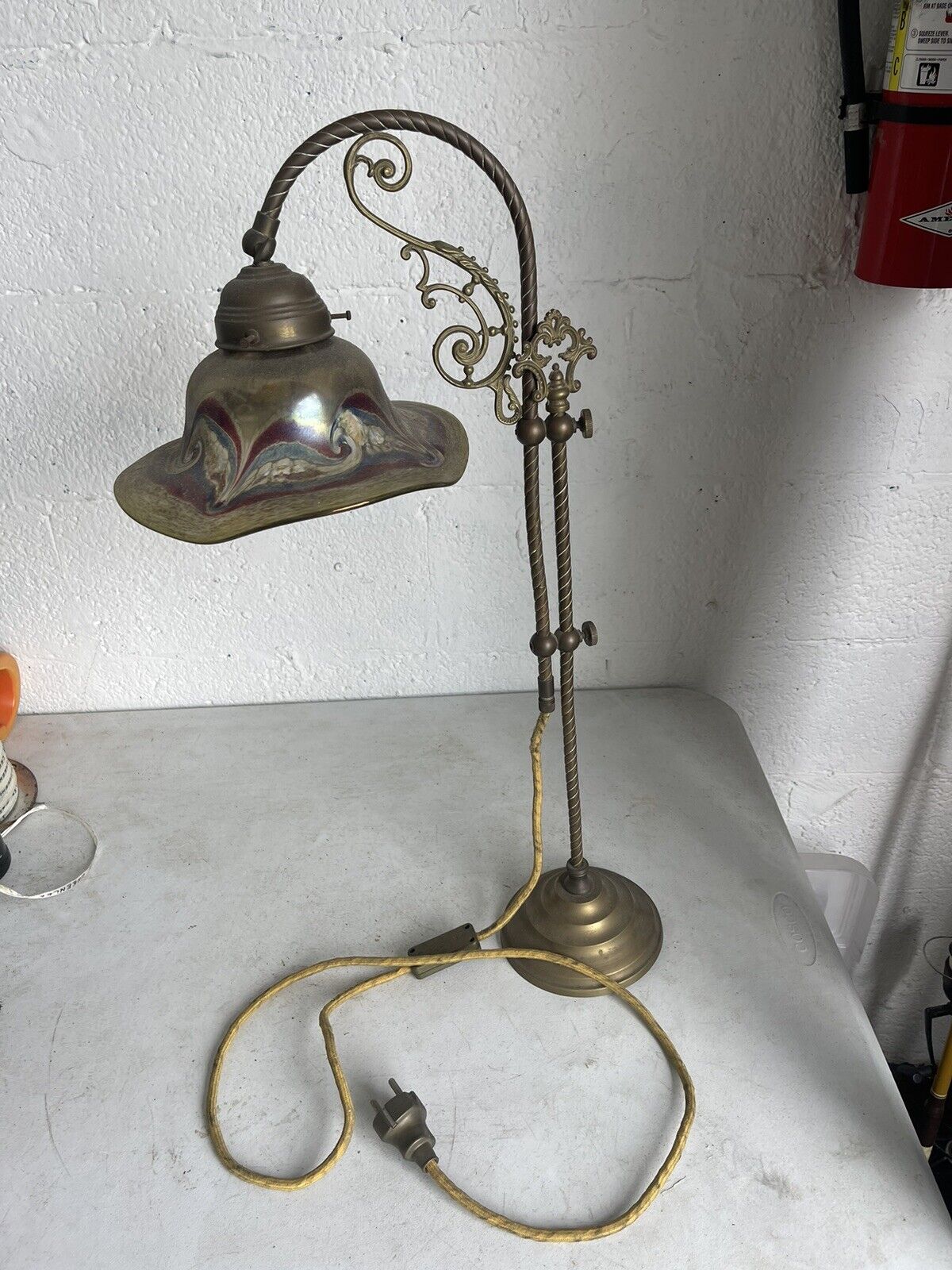 FABULOUS ANTIQUE BRASS TABLE LAMP with GLASS SHADE GERMAN