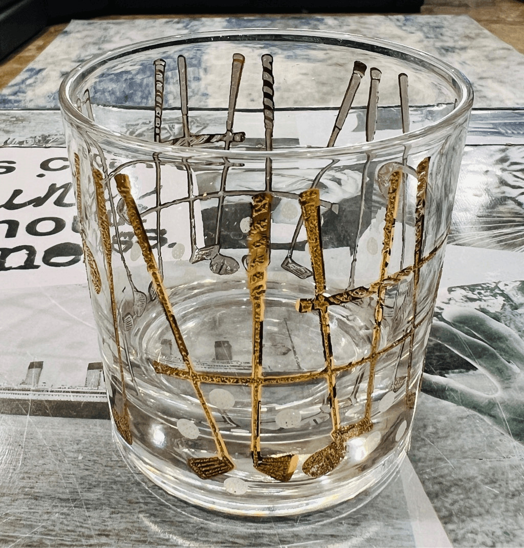 Vintage 1960's Georges Braird 22k Gold Golf Rocks Cocktail Lowball Glass Mid Cen