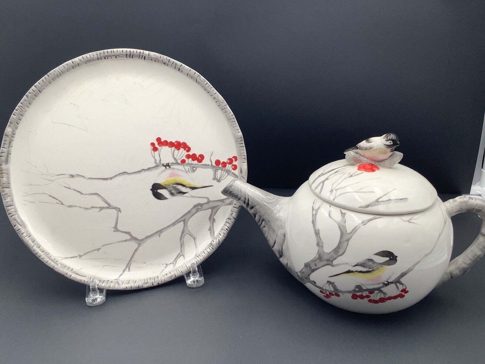 Kate Williams Global Design Connections Winter Chickadee Teapot & Dish