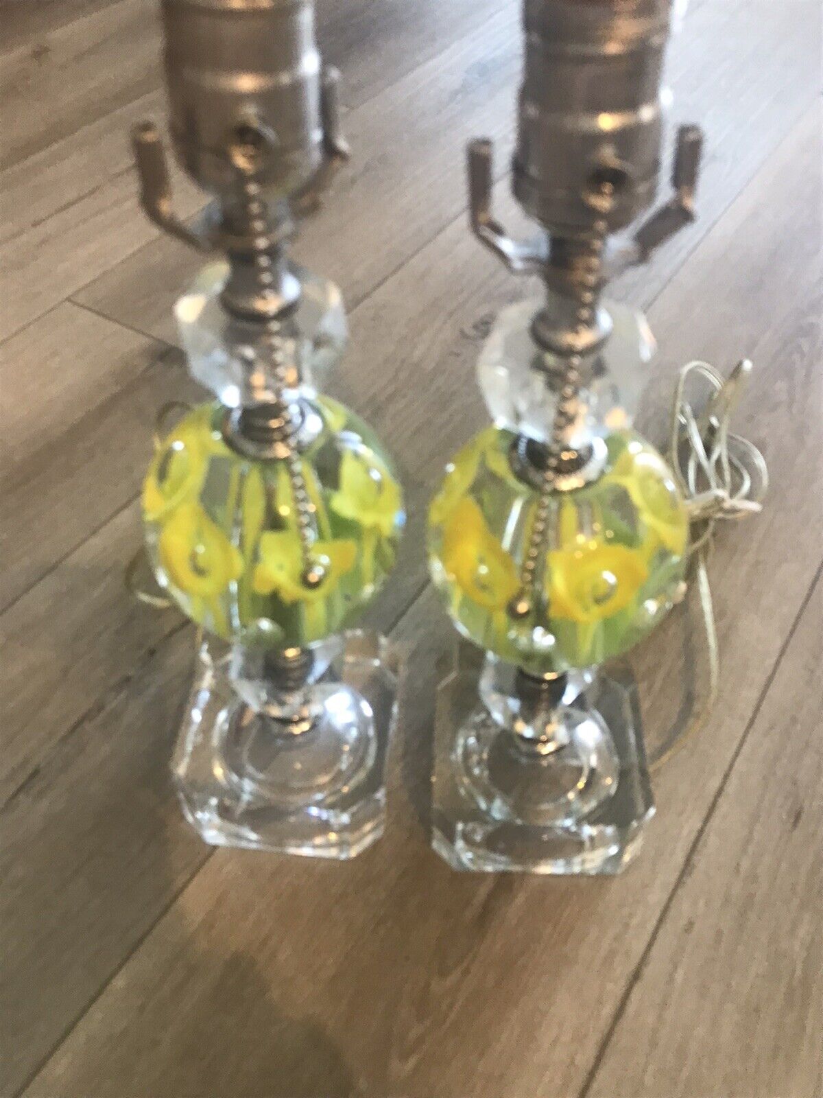 Pair Vintage ST CLAIR Art Glass Yellow/Clear Paperweight Lamp Bases