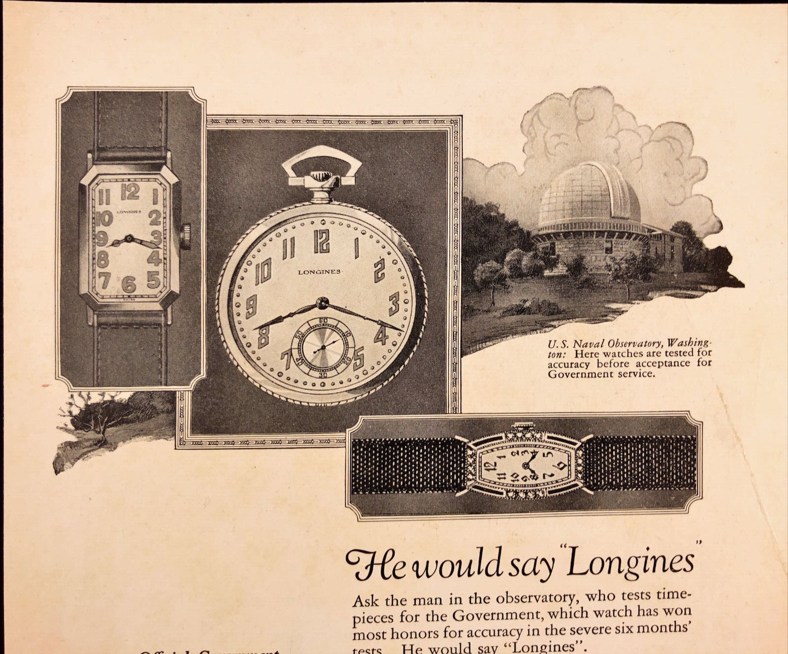 1925 Longines Watch Vintage Print Ad U.S. Naval Observatory Washington