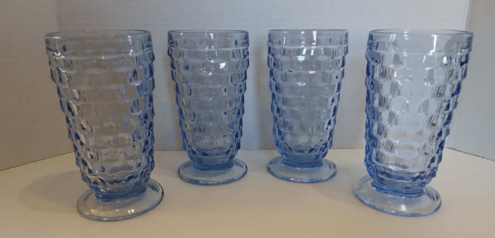 Vintage Indiana Glass 6 in Whitehall Blue Iced Cubist Footed Tumblers Set of 4