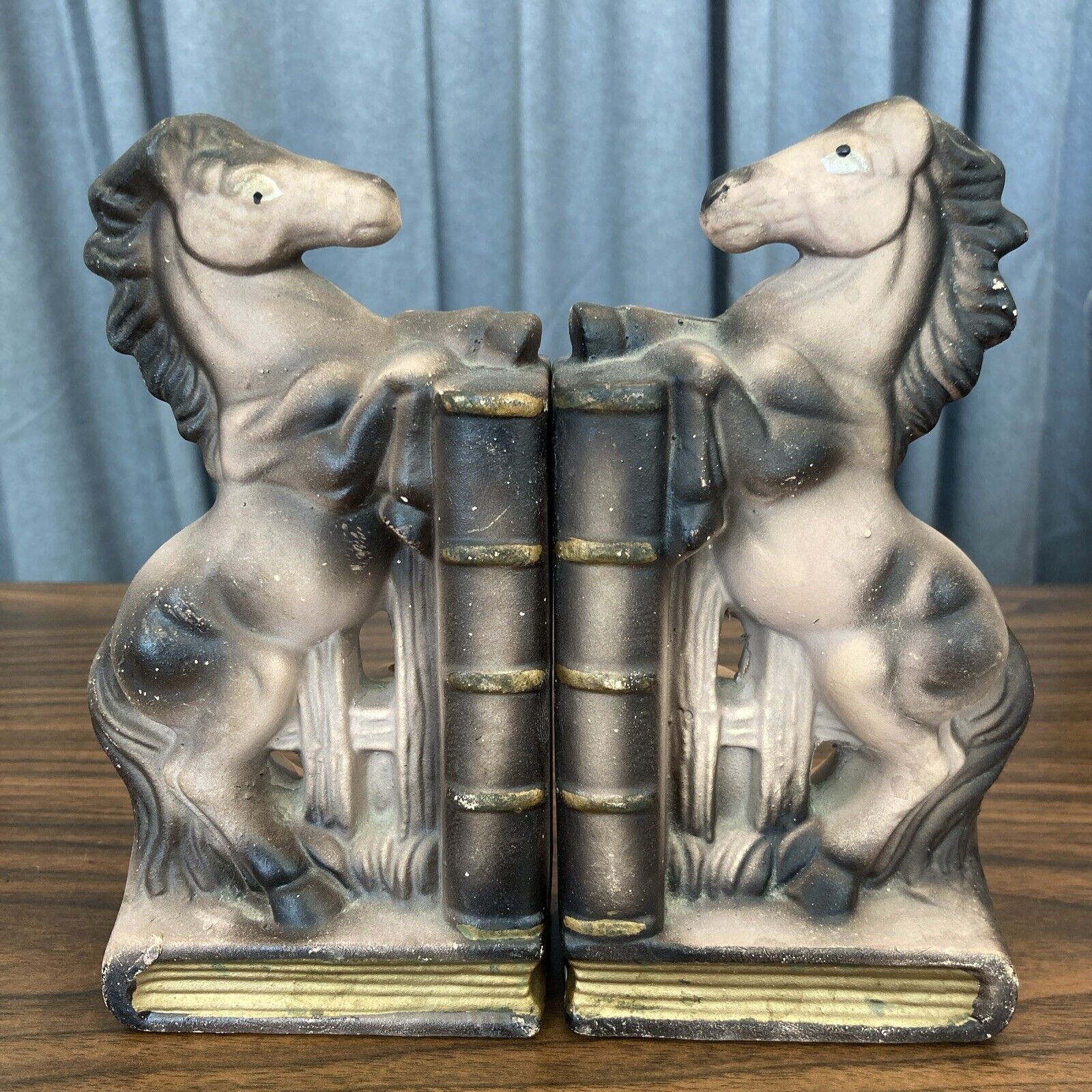 Vintage Japan Black Brown Gold Horses Ceramic Mid Century Book Ends Stallion