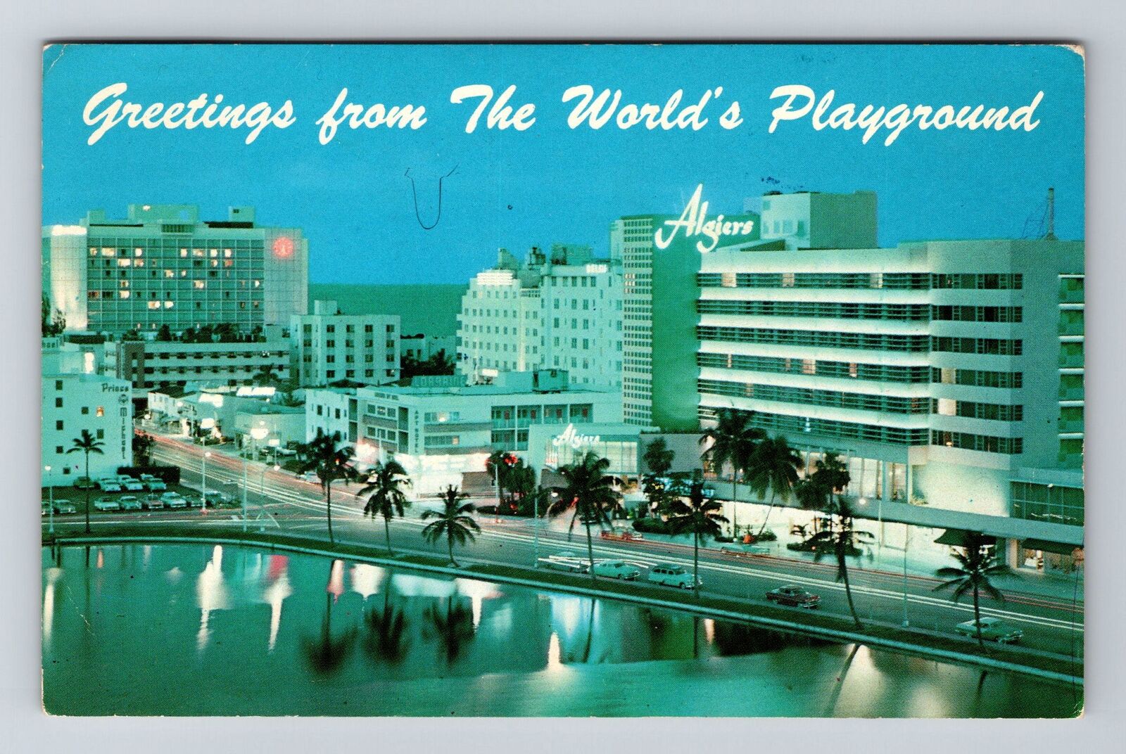 Miami Beach FL-Florida Greetings Algiers Classic Cars c1967 Vintage Postcard