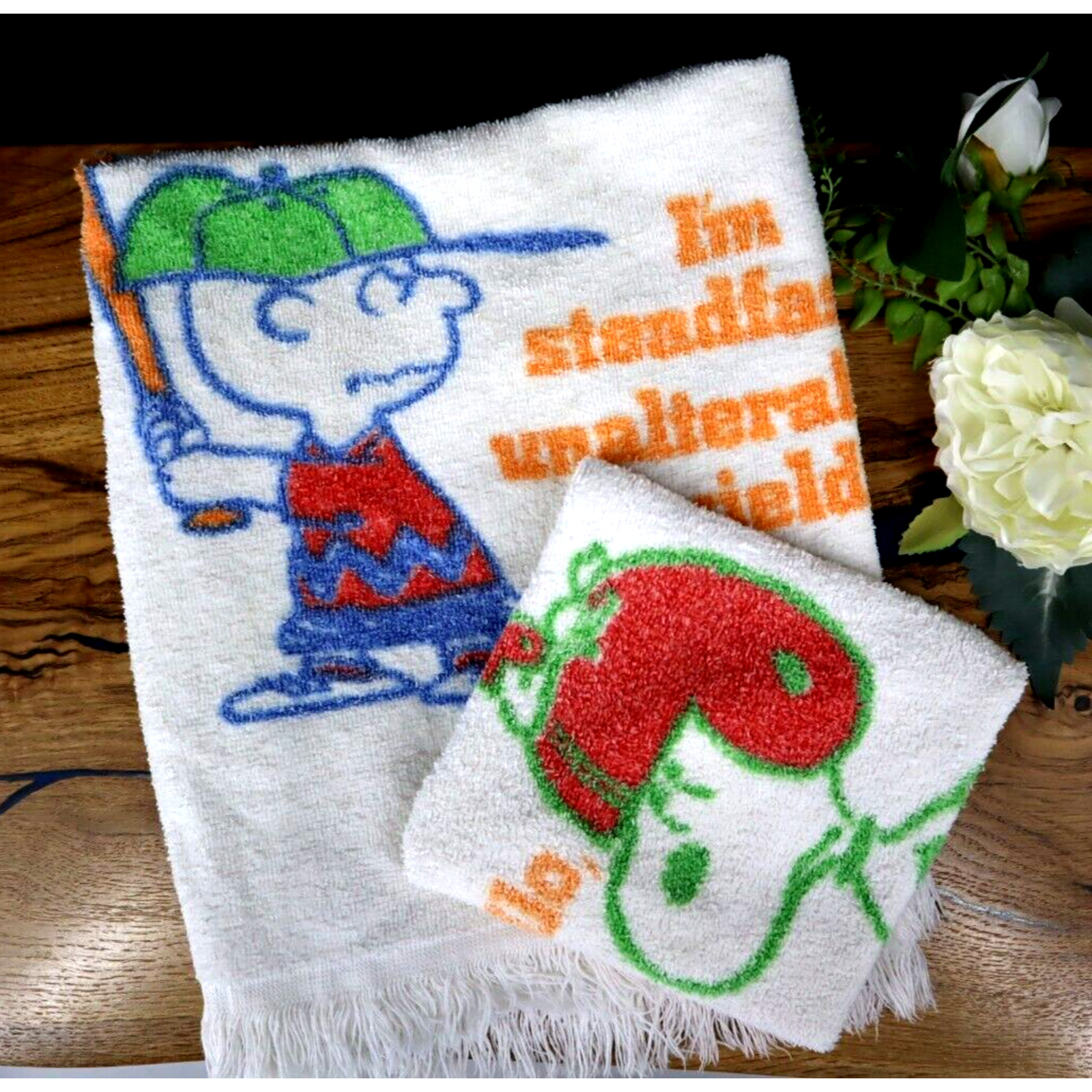 Vintage 70s Charlie Brown Snoopy Lucy Baseball Peanuts Hand Dish Towel Set of 2