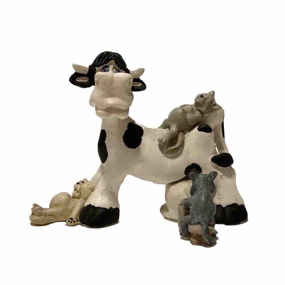 Cast Art Industries Vintage Solid Whimsical Milking Cow, Cat & Dog Figure 1994