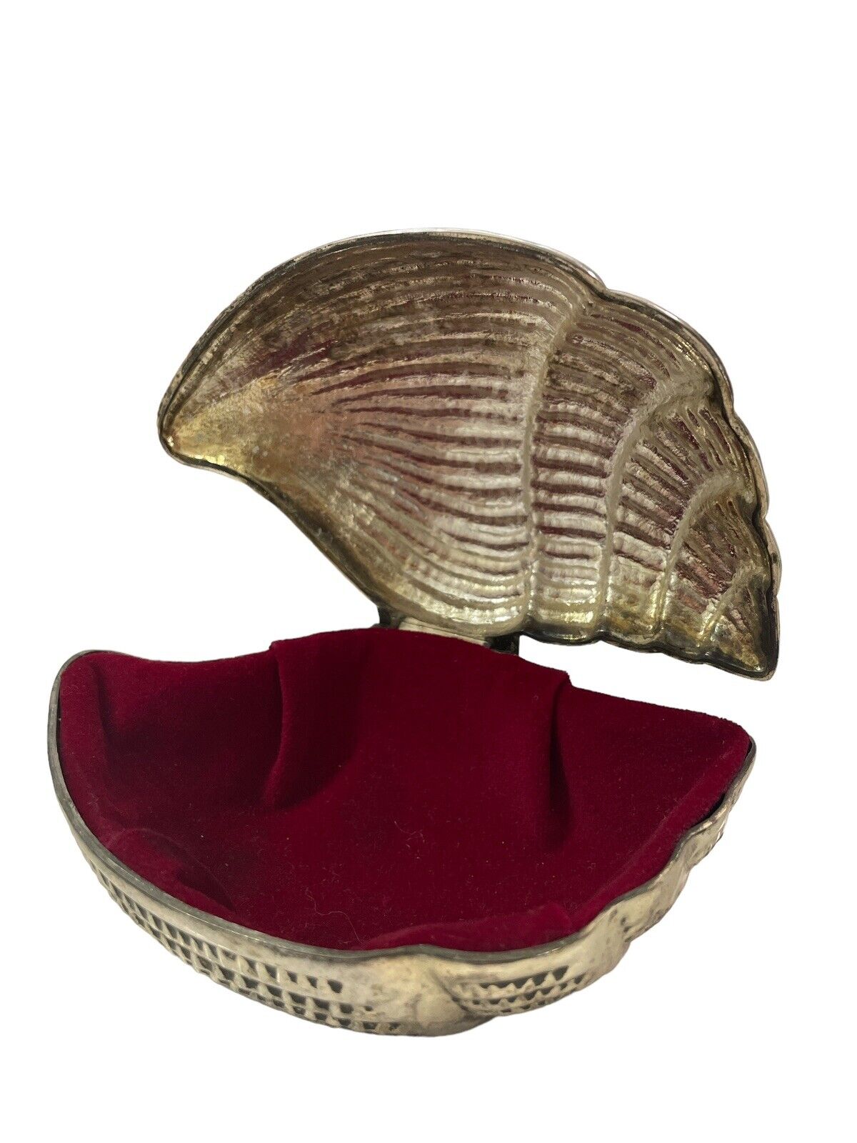 Vintage Conch Shell Silver Plate Trinket Jewelry Box Red Velvet lining Nautical