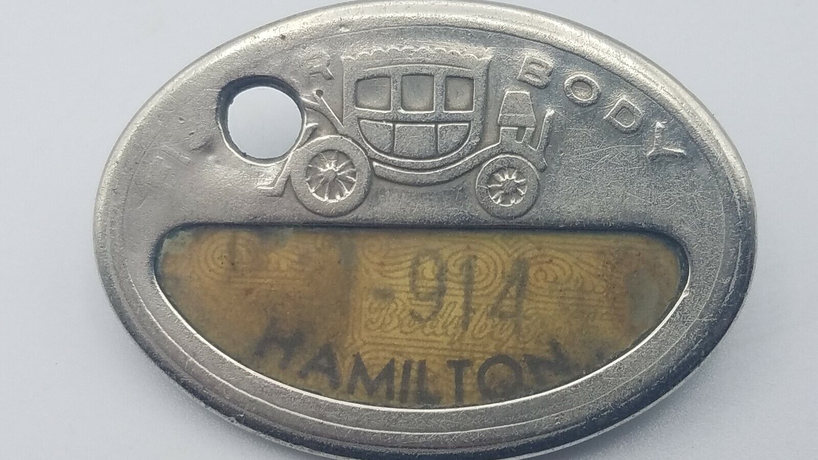 Fisher Body Hamilton Plant ID Badge Employee Pin GM 914 Vintage Advertising