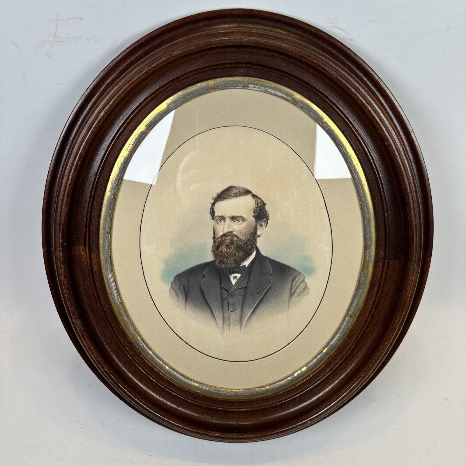 Antique Gentleman’s Portrait In Gilted Oval Wooden Frame, Colored Portrait