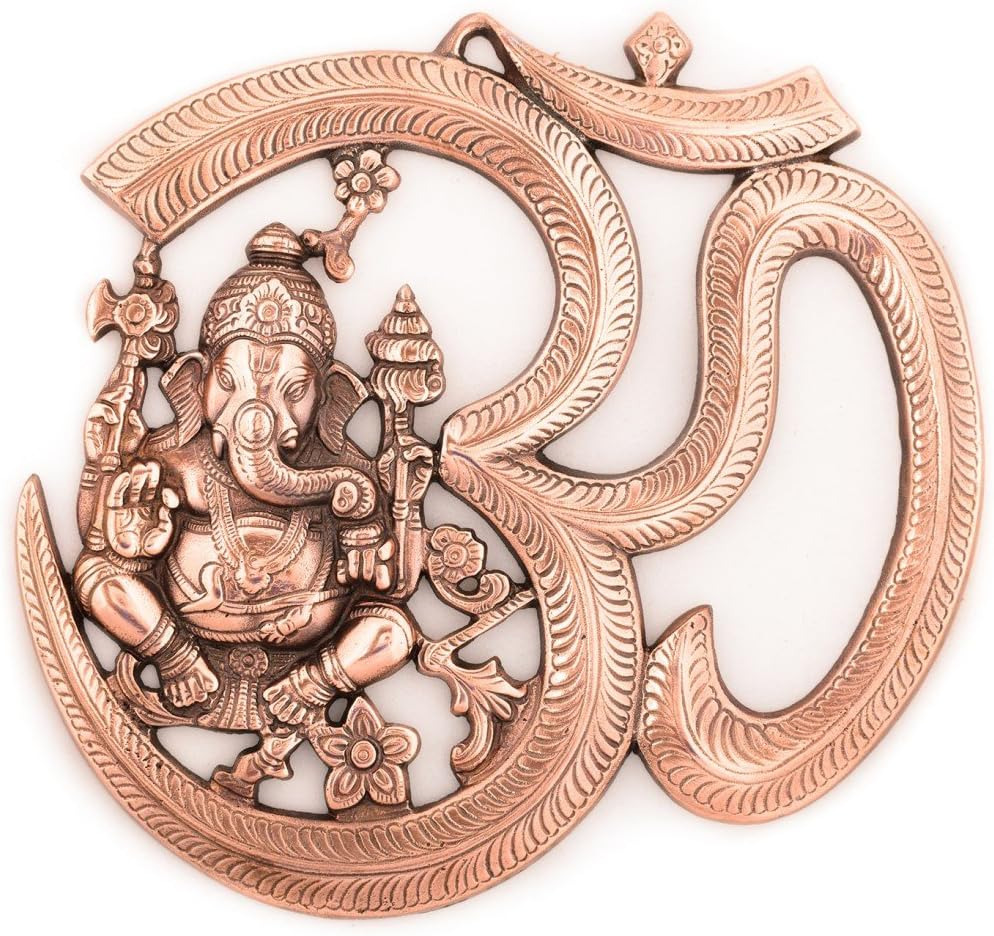 Metal Wall Hanging of Lord Ganesha with Om (Lxwxh - 10.5Inx0.25Inx10.5In), Brown