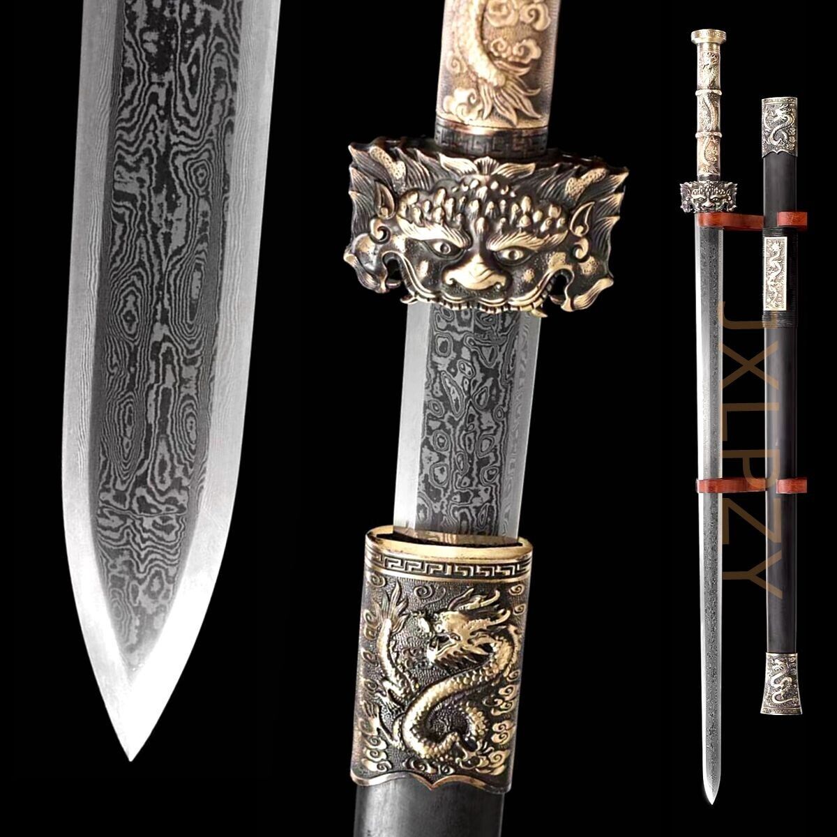Sharp Chinese Tai Chi Jian Double Edged Sword Damascus Folded Steel Blade Dragon