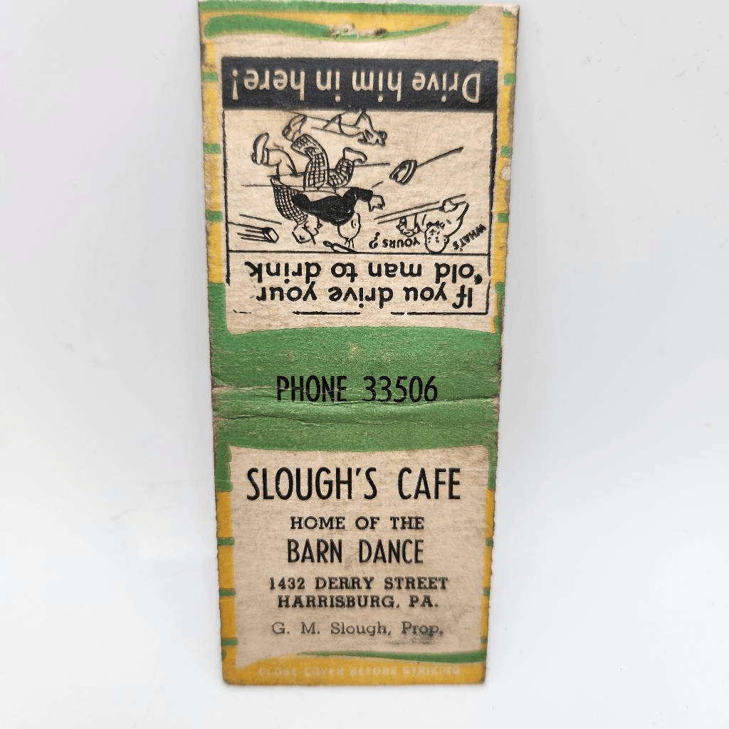 Vintage Bobtail Matchcover Slough's Cafe Home of the Barn Dance Harrisburg Penns