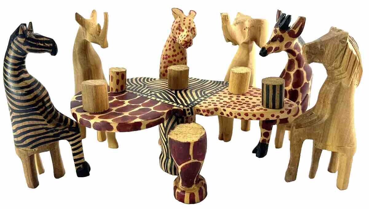 Kenya Artisan Hand-Carved Mahogany African Safari Animal Party Wood Figures
