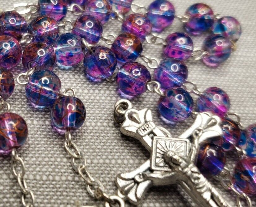 Vintage Rosary tie dye glass purple beads Crucifix Catholic G37