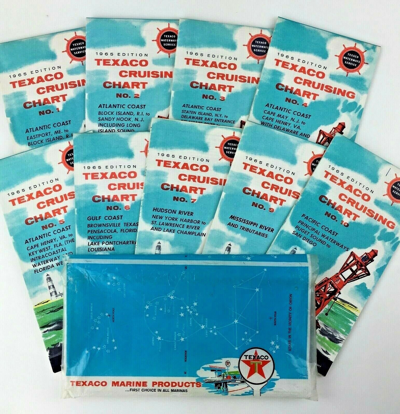 Lot 9 TEXACO Cruising Marine Chart Map 1965 Gas Gasoline Advertising Vintage