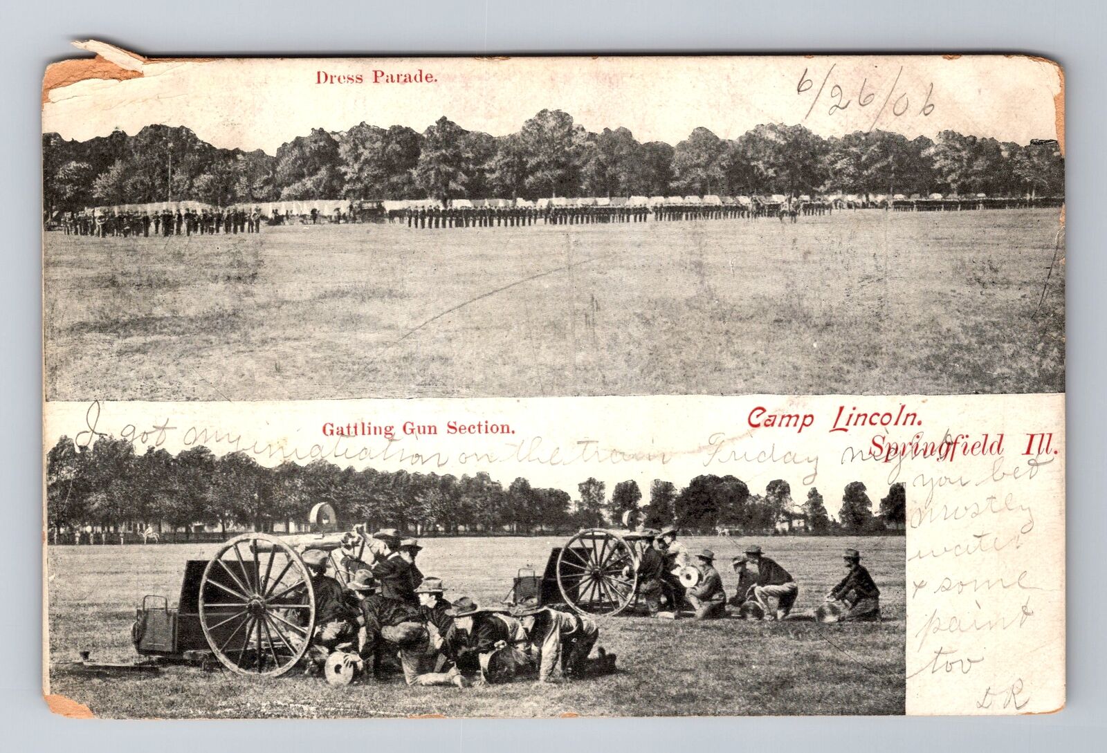 Springfield IL-Illinois, Dress Parade, Gattling Gun, Camp Lincoln c1906 Postcard