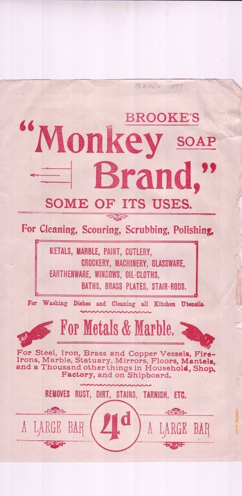 BROOKE\'S SOAP - Monkey Brand 4d Large Bar Illustrated Uses Ad Leaflet Ref  48218
