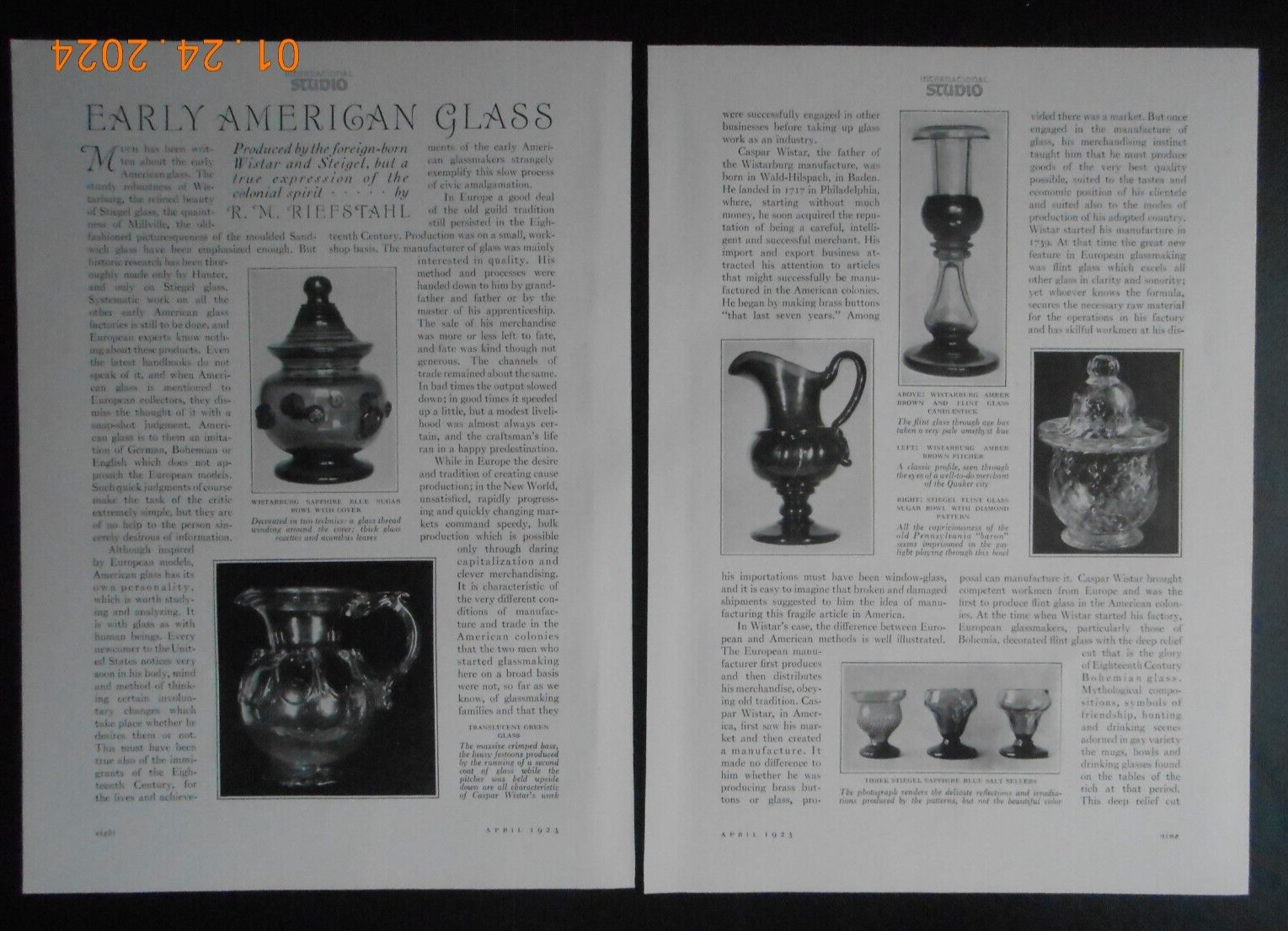1923 Early American Glass article with photos Stiegel Flint mug Caspar Wistar AD