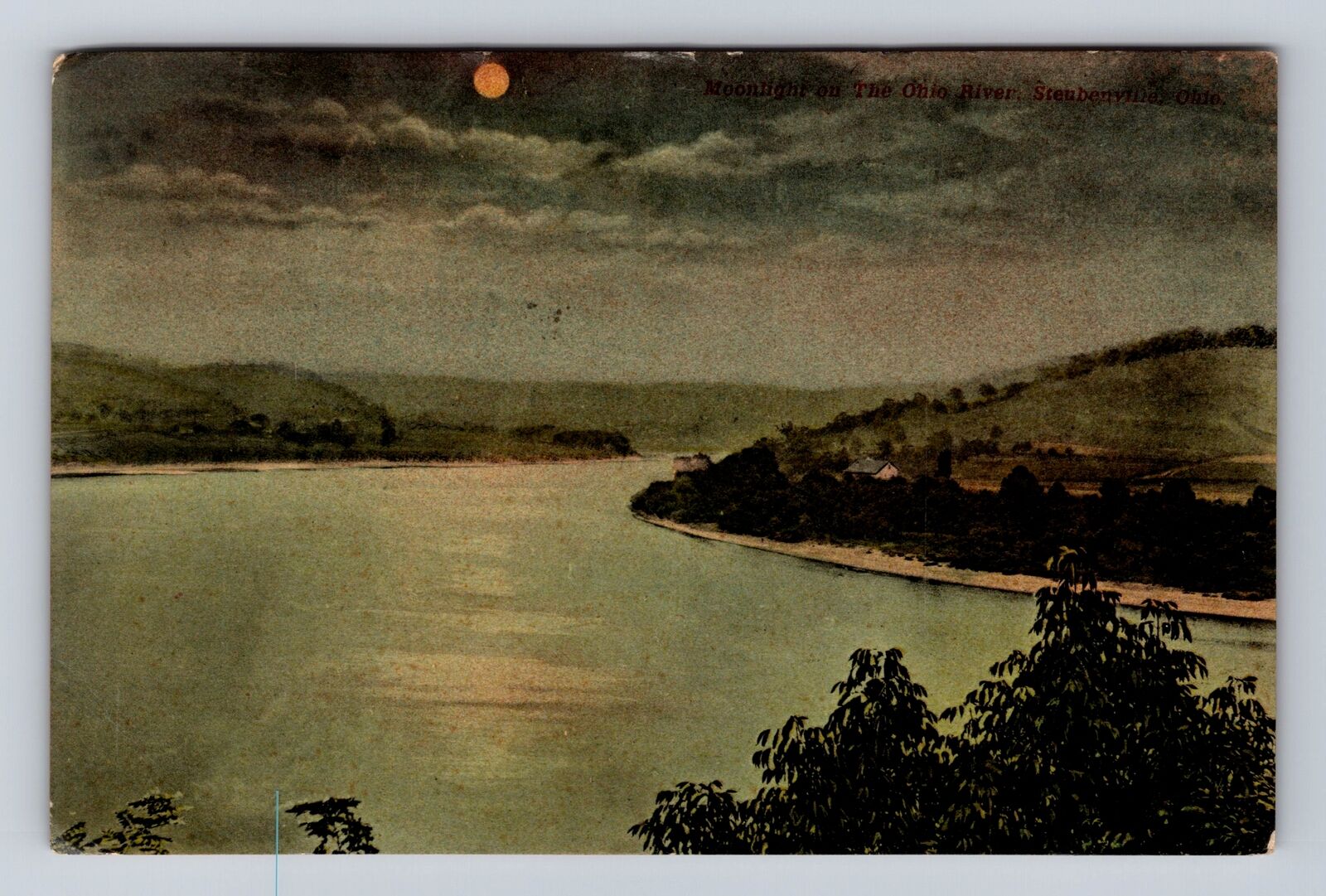 Steubenville OH-Ohio, Moonlight on Lake, Antique Vintage c1911 Souvenir Postcard