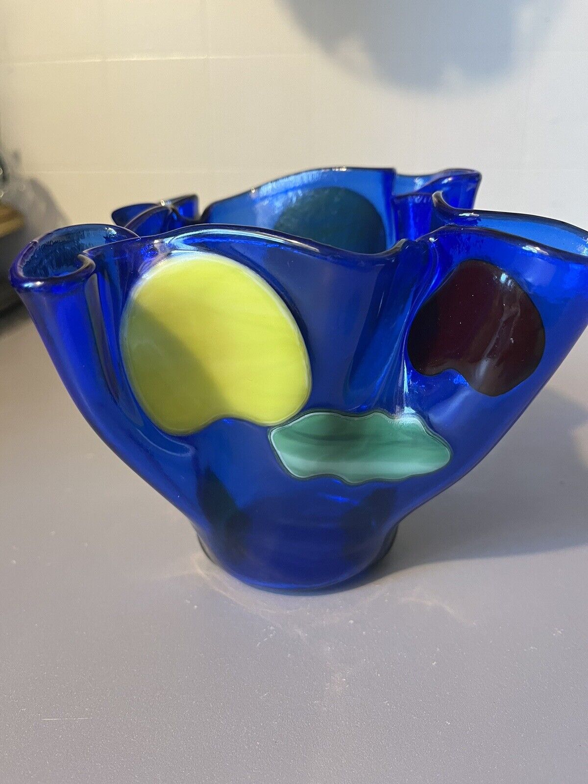 2000  M L Glass Designs Cobalt Blue Handkerchief Heart Vase Signed