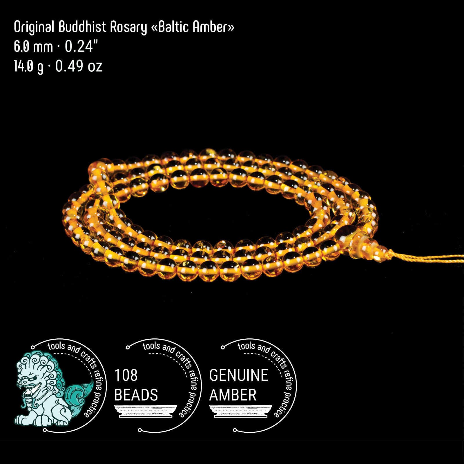 Baltic Amber Tibetan Buddhist Mala, 108 Round Prayer Beads Rosary | 6.0 mm
