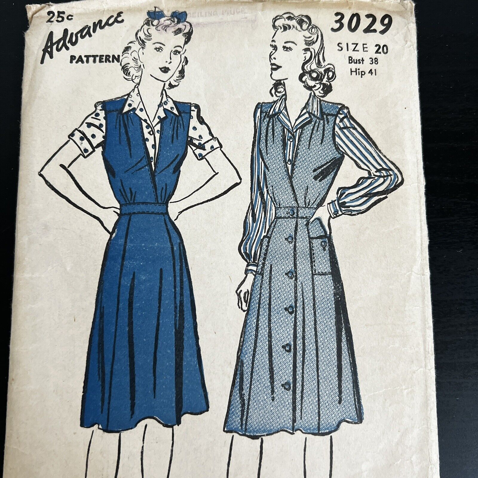 Vintage 1940s Advance 3029 Blouse + V-Neck Jumper Dress Sewing Pattern 20 USED