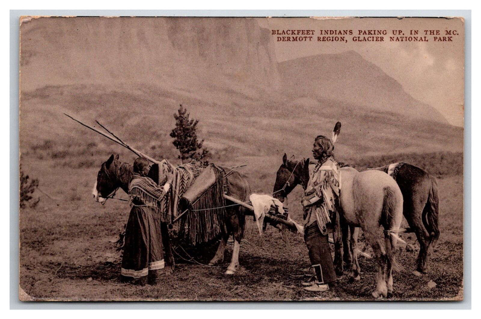 RPPC ~ BLACKFEET INDIANS PACKING UP C.1910S GLACIER NATIONAL PARK, MONTANA