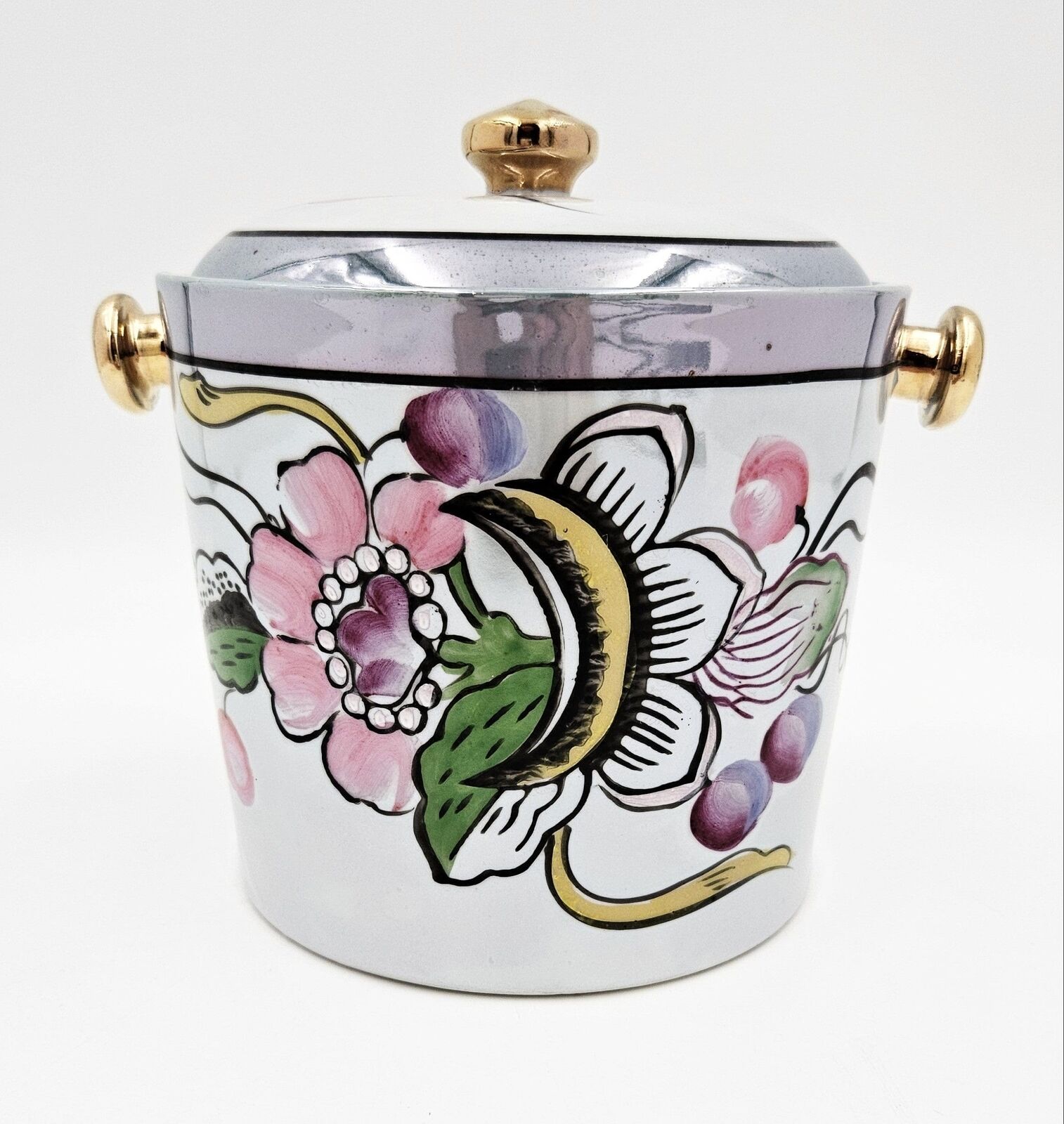Japanese Nippon Hand Painted Floral Porcelain Lidded Container Stamped 1910s