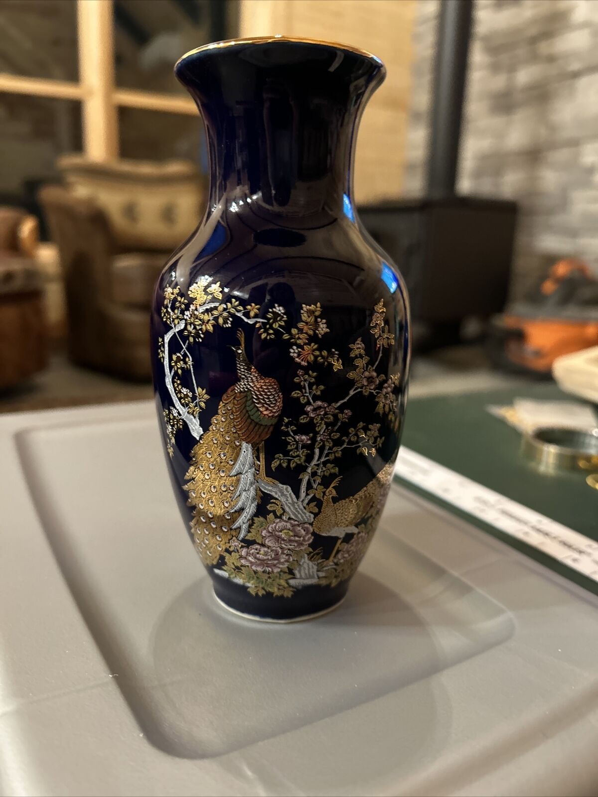Vintage Colbalt Blue Cloisonné Vase With Peacocks.