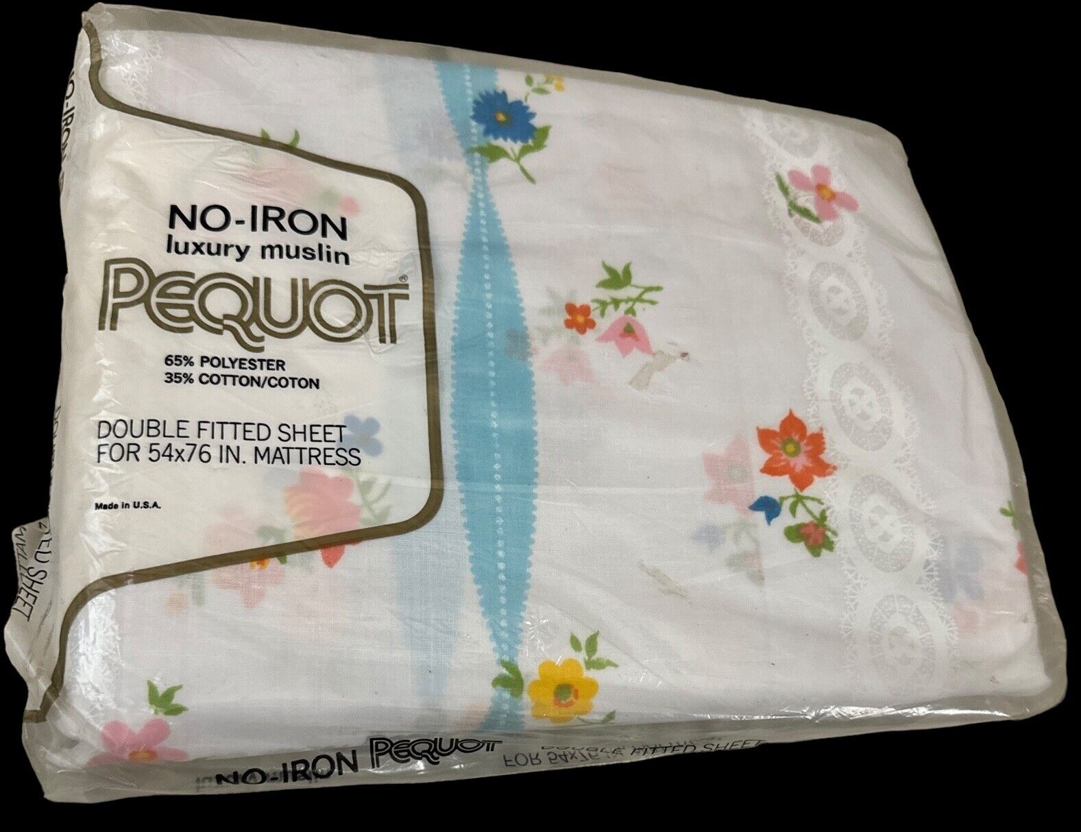 Vtg Pequot No Iron Luxury Muslin Double Fitted Sheet 54x76 Floral Made In USA