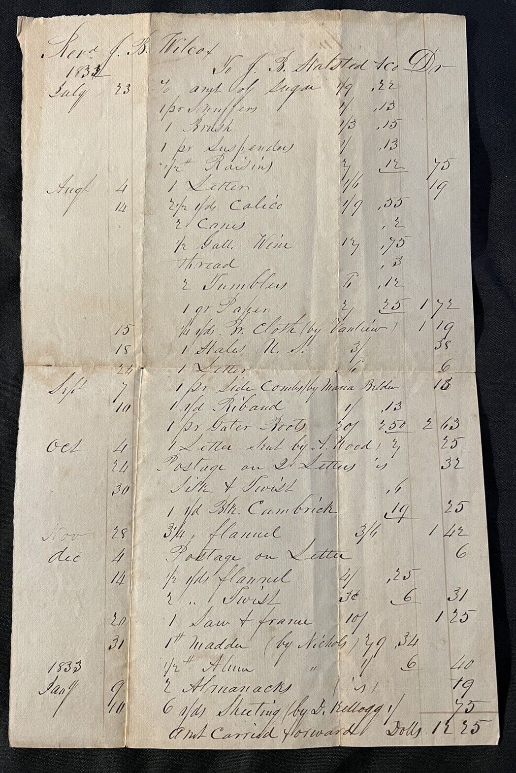 1832 Reverend J.B. Wilcox GENERAL STORE Ledger Page to J.B. Halsted & Co
