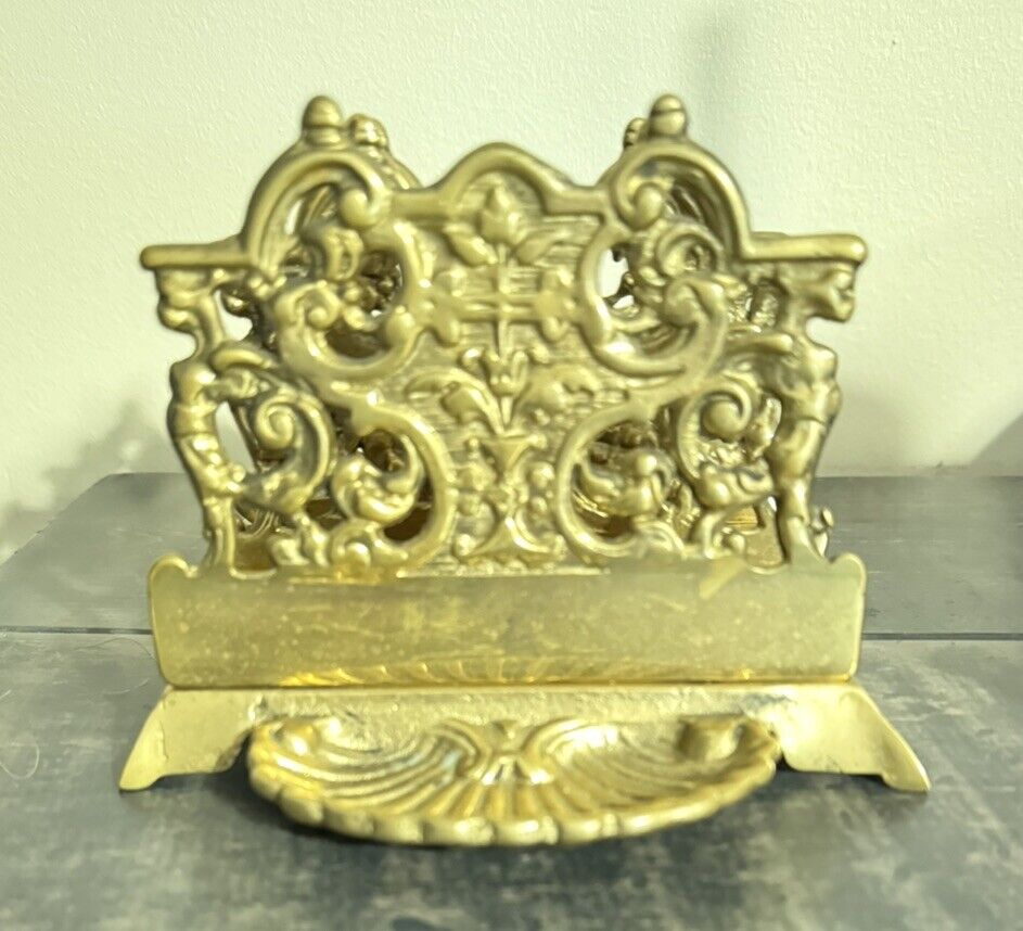 Vintage Solid Brass Victorian Style Letter Rack with Stamp Holder 1920s