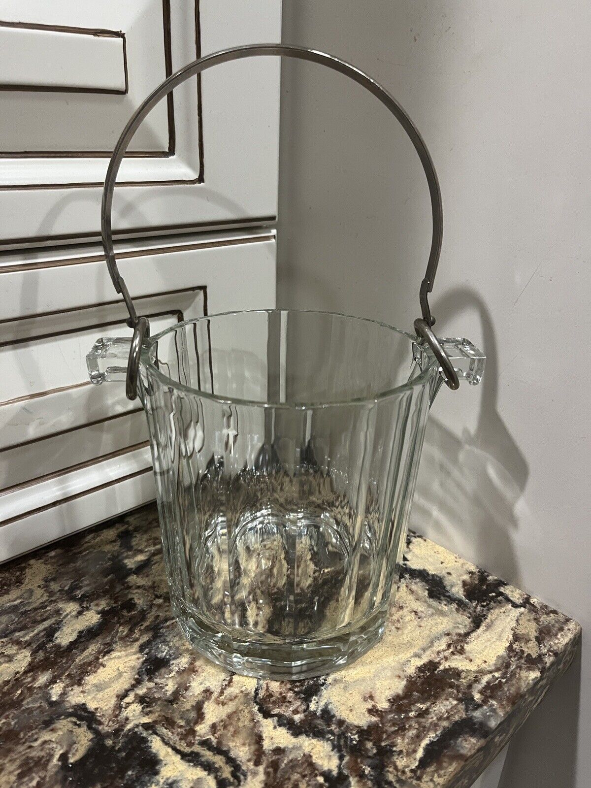 Vintage Crystal Ice Bucket W/ Metal Handle - Pressed / Cut Glass