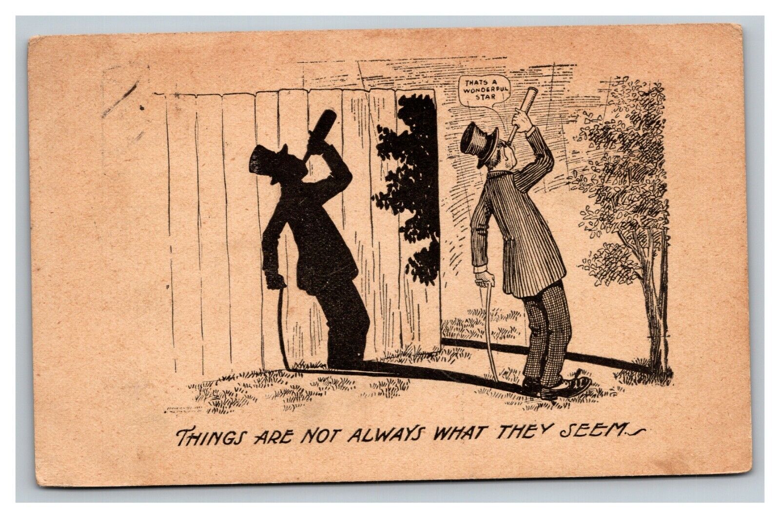 Vintage 1908 Comic Postcard Man Looking at Stars - Shadow is Drinking Whiskey