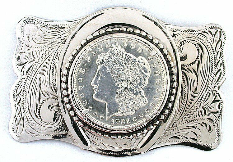 Silver Color Southwest Western 1921 Morgan Silver Dollar Horseshoe Belt Buckle