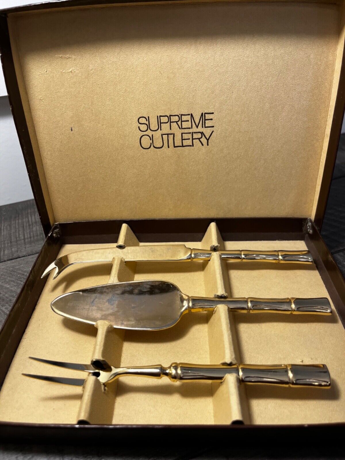 Towle Supreme Cutlery Gold Electroplate Bamboo Pickle Fork Cheese Knife Server