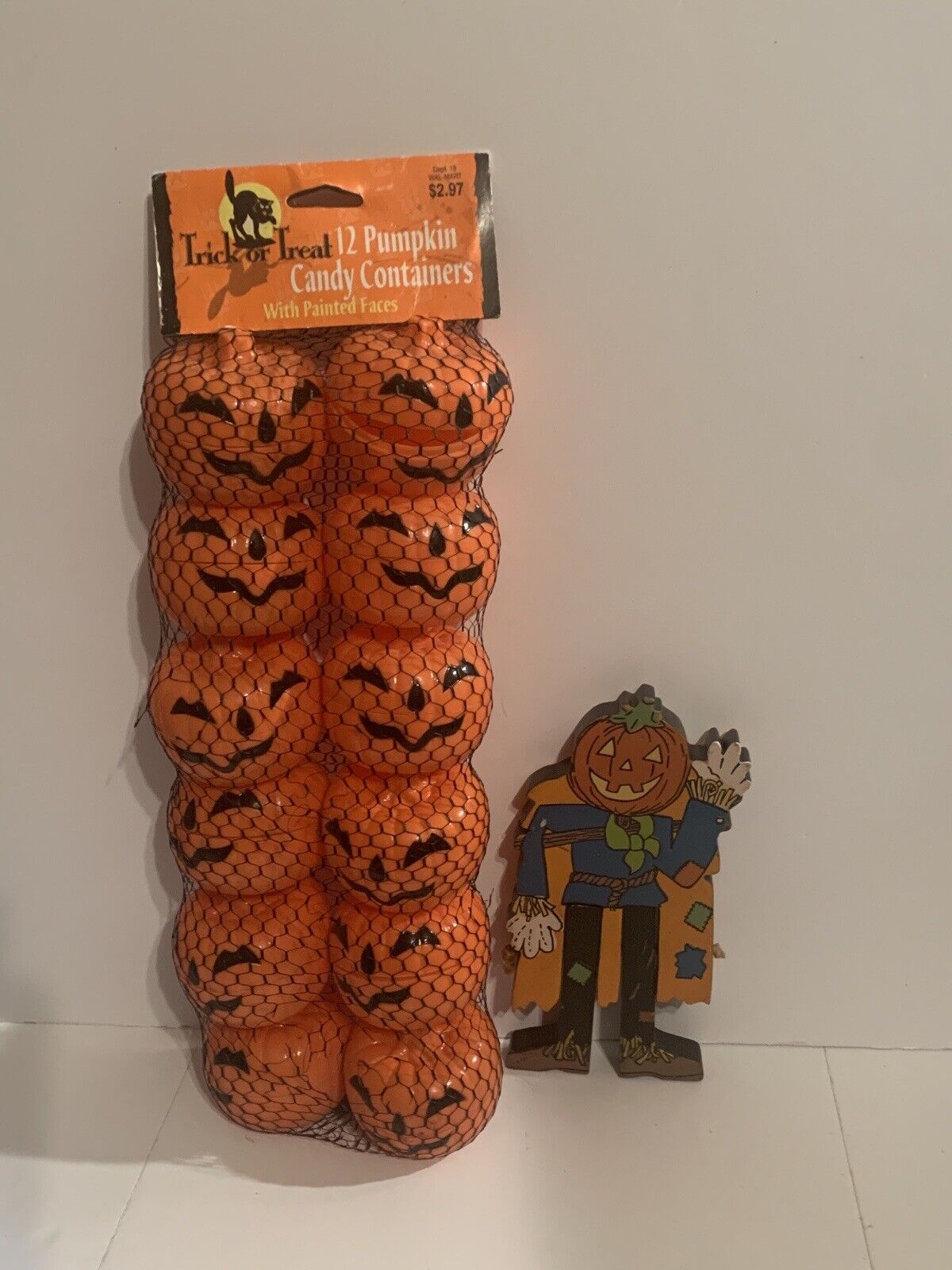 Vintage Halloween Candy Container Pack And Wooden Jack O Lantern Figure 7.5