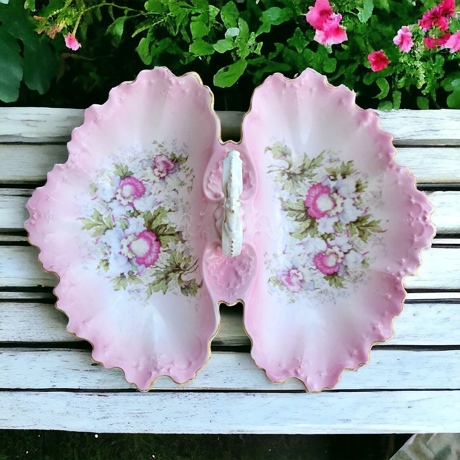 Austrian Porcelain Handled Serving Dish Ruffle Pink Hand Painted ANTIQUE