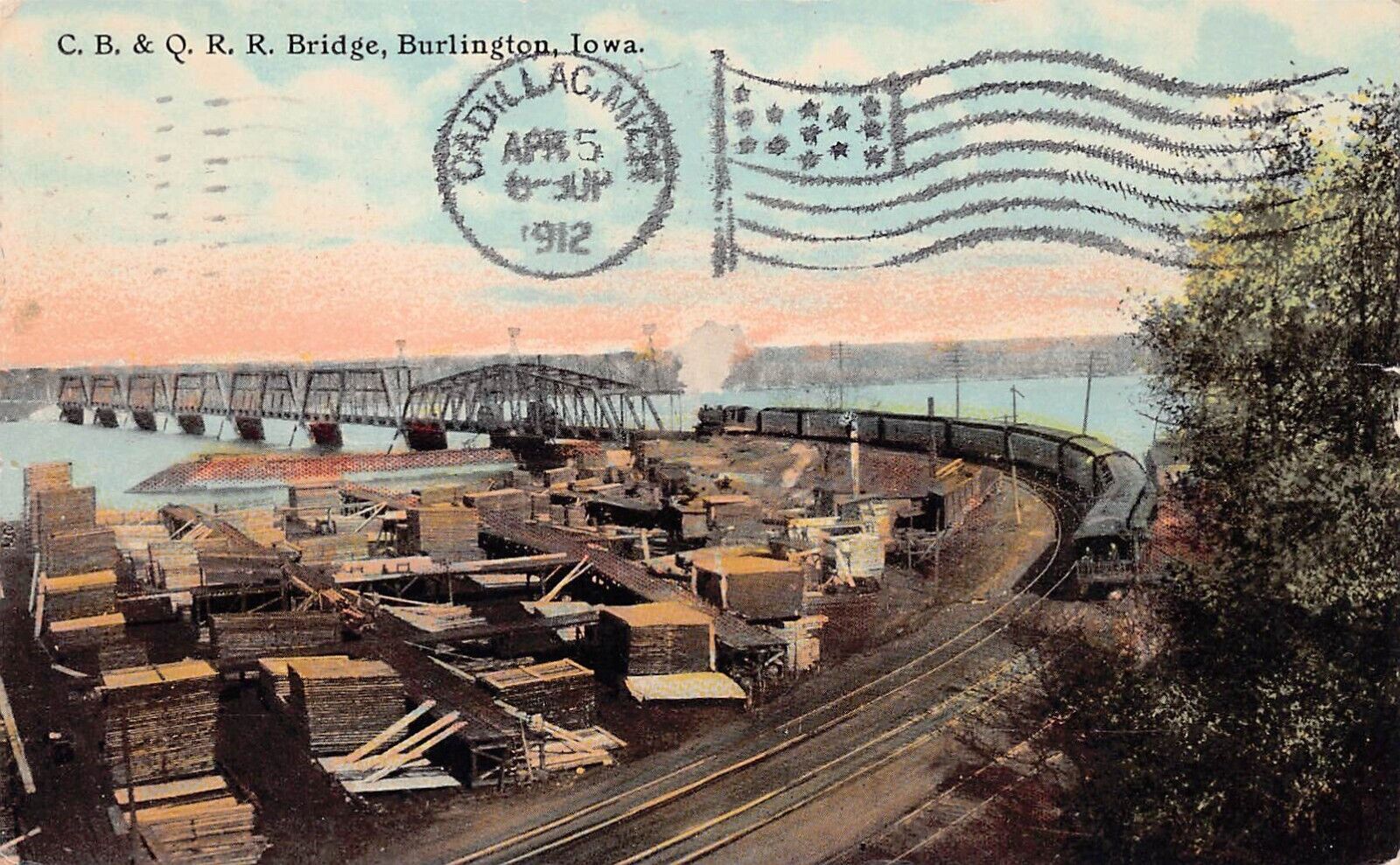 Burlington IA Iowa Train Railroad Bridge to Cadillac MI Holmen Vtg Postcard C63