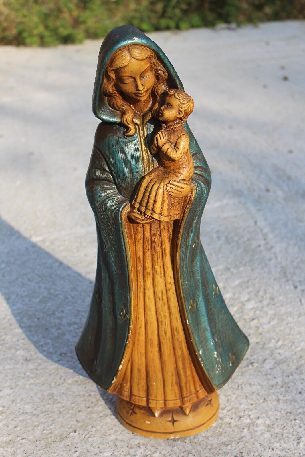 Art Deco Virgin Mary Madonna with Child Plaster Statuette Signed Merlini V17