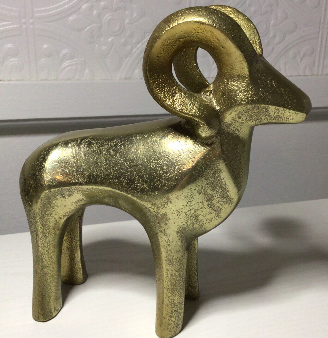 Brass Ram Figurine Vintage Mid Century Sleek Design Hollow Cast Unique Boho