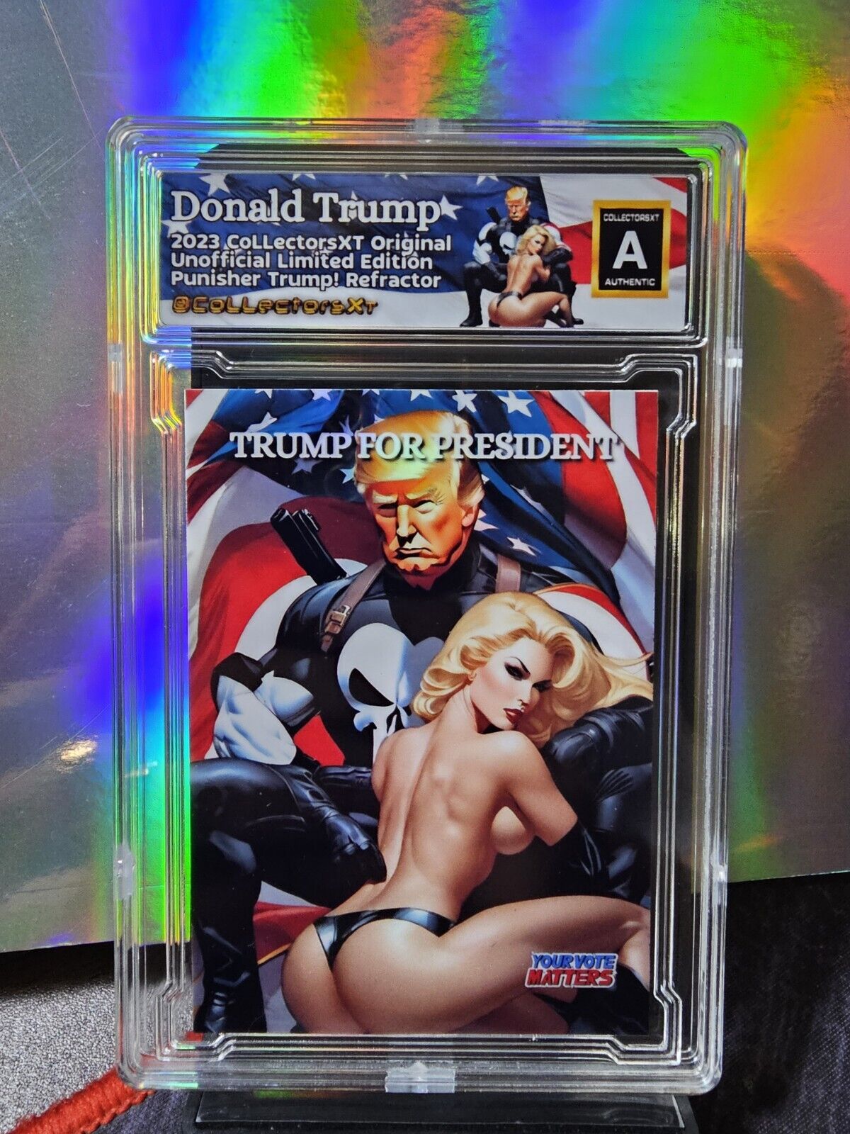 President Donald J. Punisher Trump USA Red White Blue Atomic Refractor Card