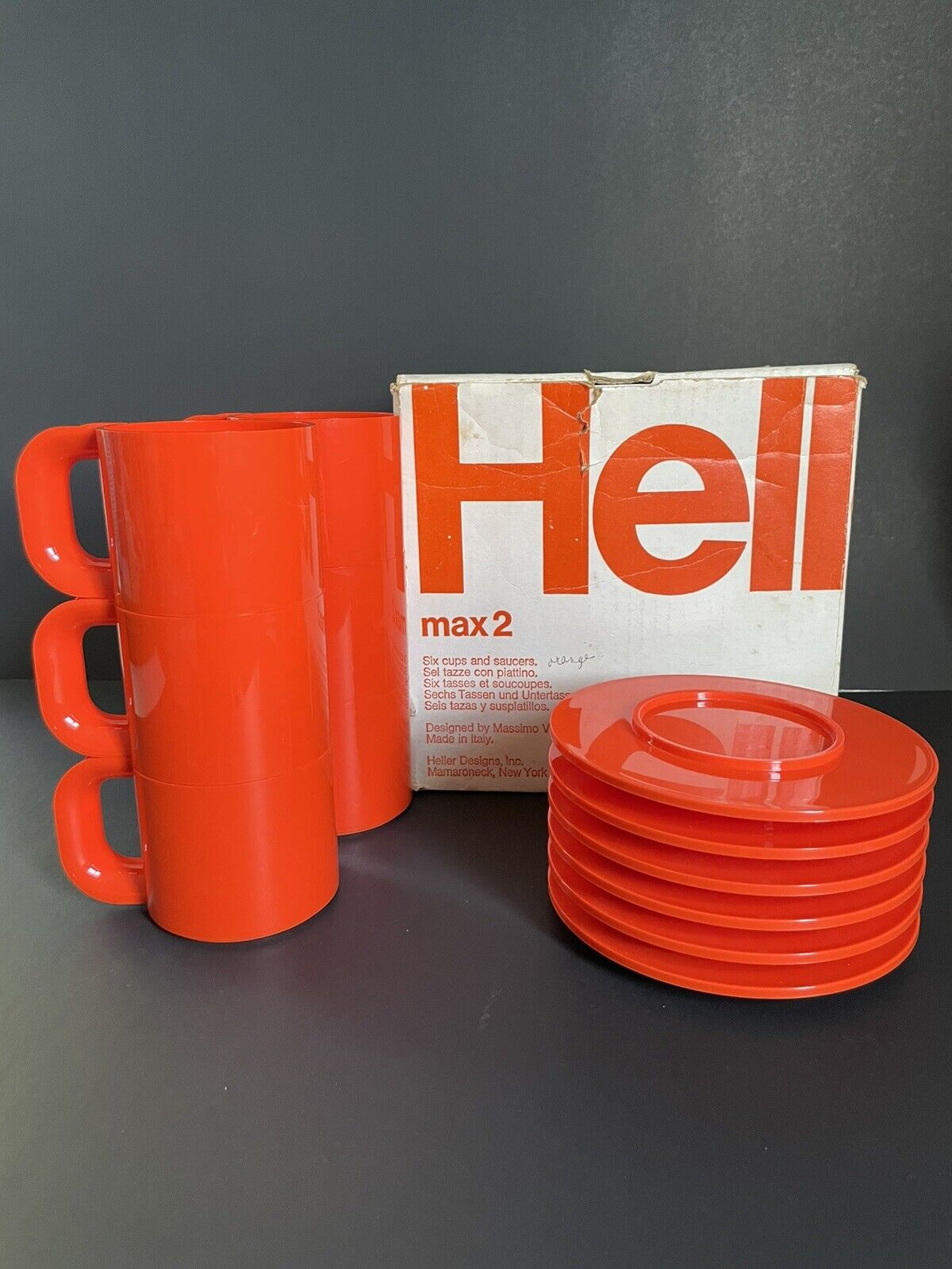 Rare Set of 6 Orange MCM Heller Max 2 By Massimo Vignelli Cups & Saucers NIB
