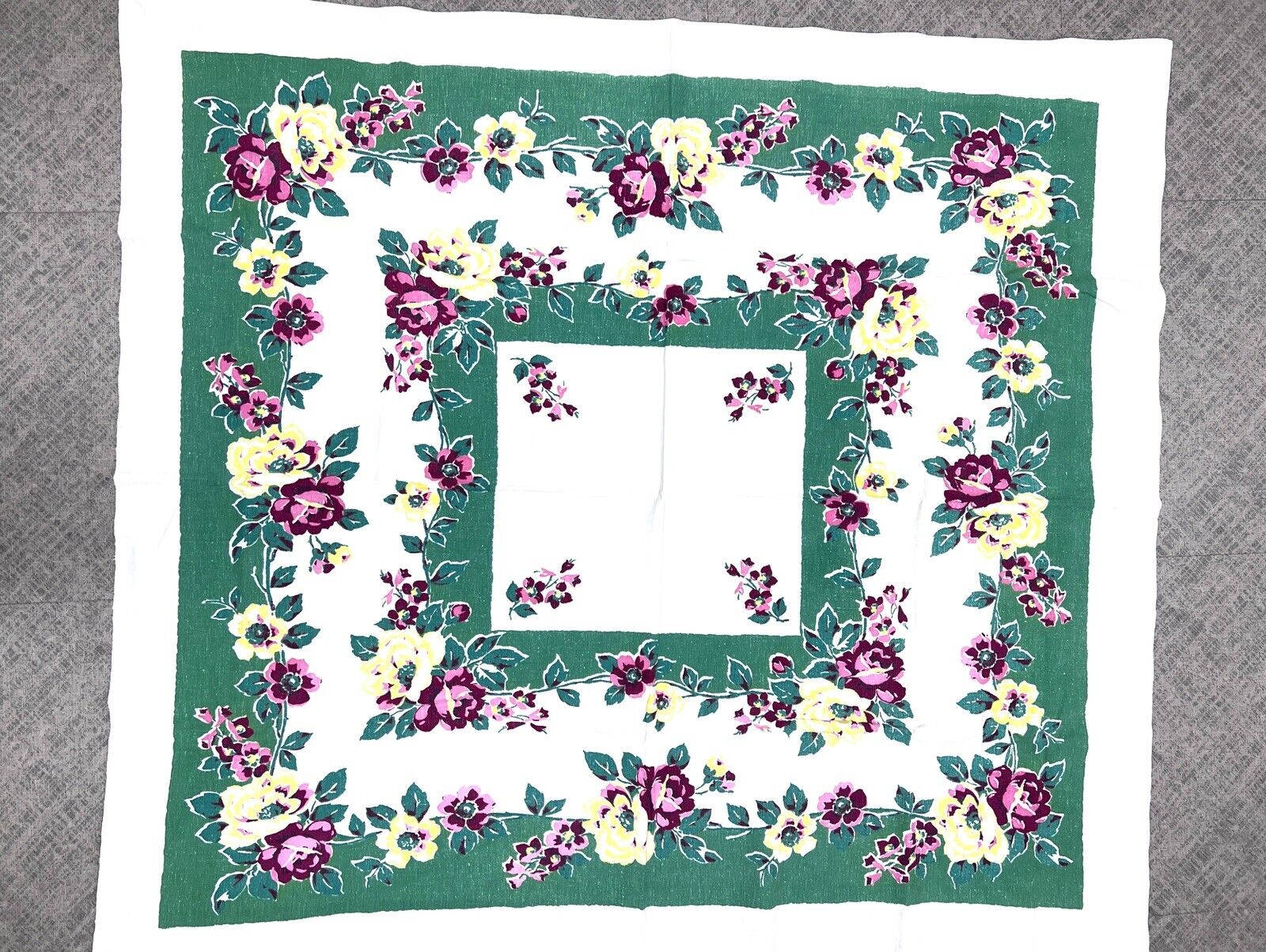 Vintage 50’s MCM Summer Tablecloth White Green Purple Rose Floral 47x53”