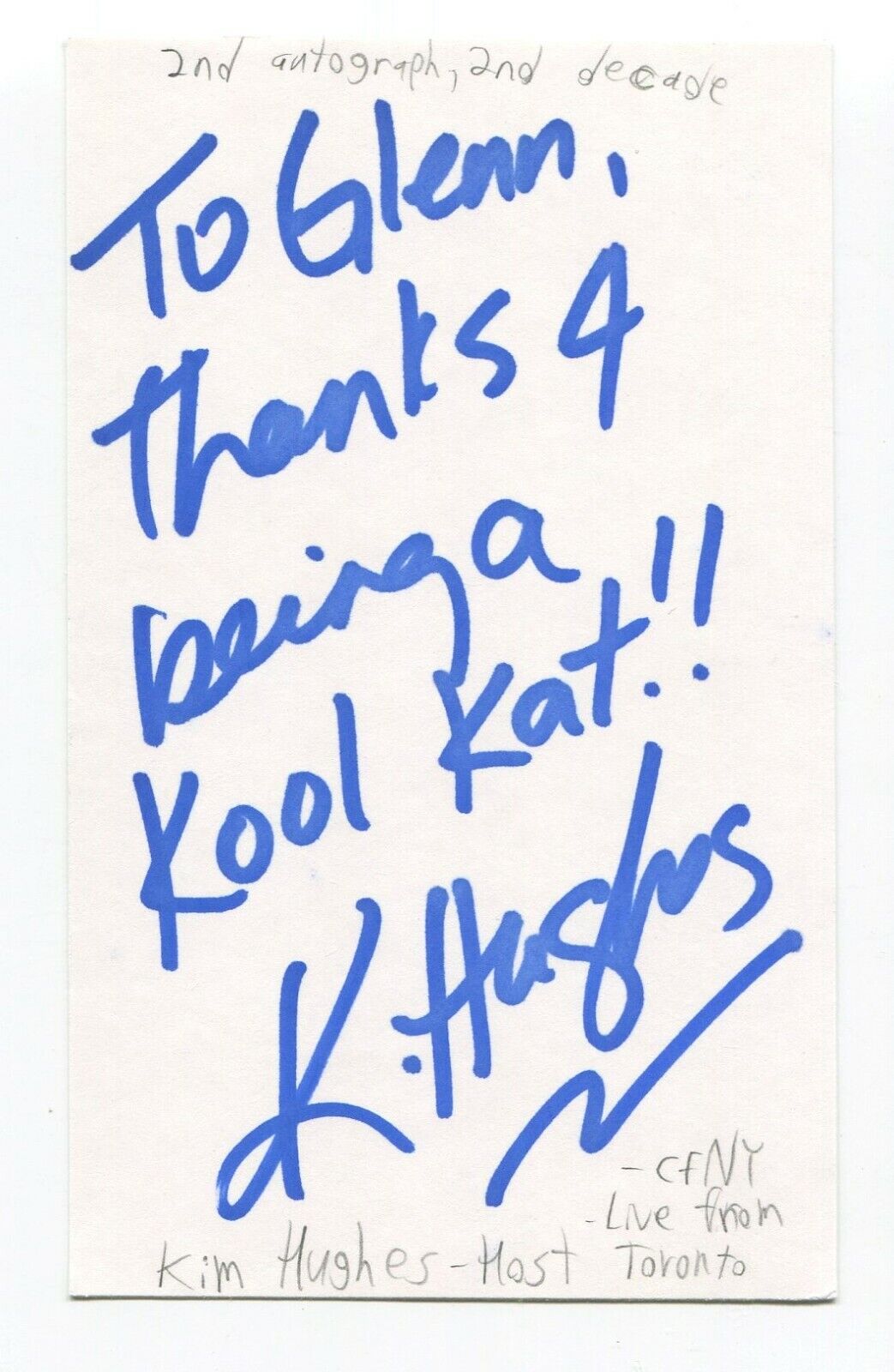 Kim Hughes Signed 3x5 Index Card Autographed Canadian Journalist Radio Host