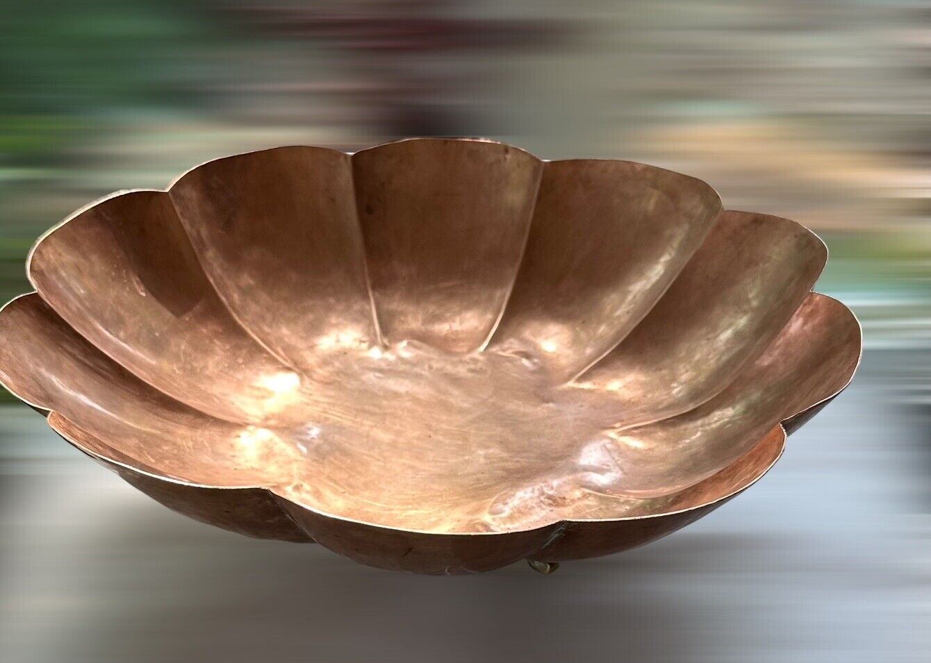 Vintage HAND HAMMERED COPPER BOWL Large 14.25”Diameter, Scalloped, Footed OLD