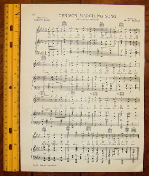 DENISON UNIVERSITY Vintage Song Sheet c 1938 \