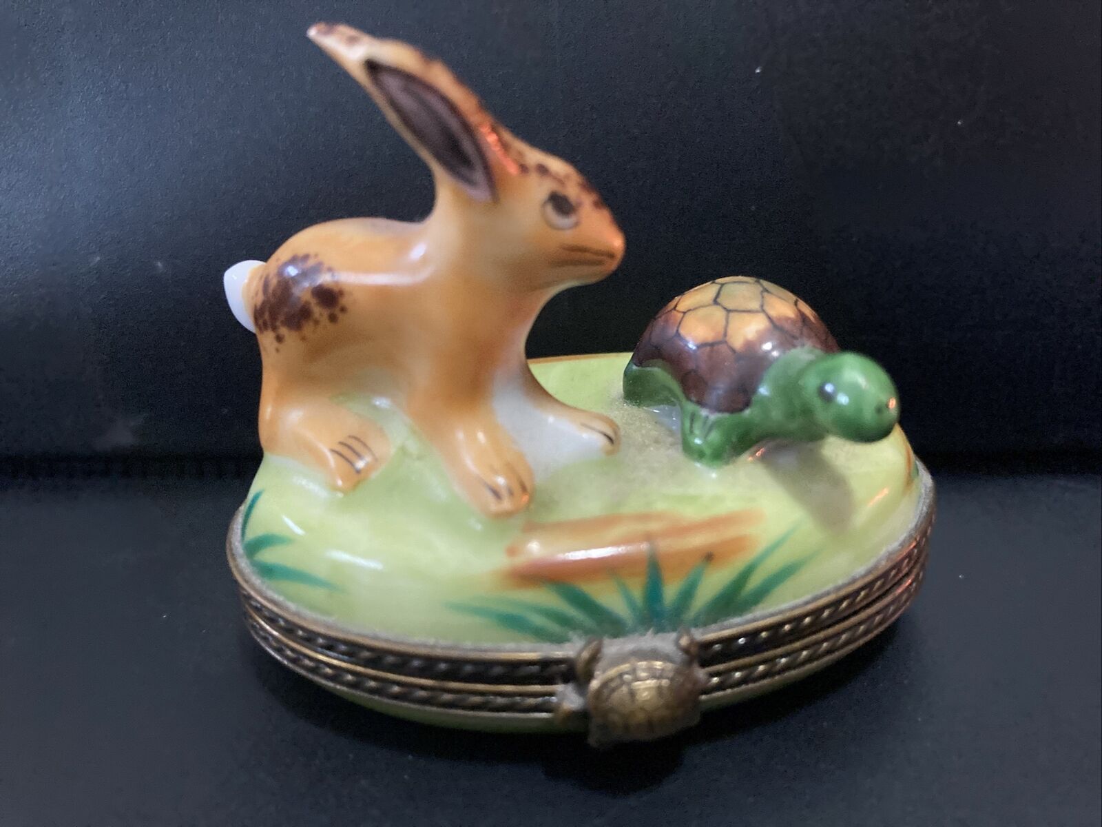Limoges Tortoise and Hare Peint Main Initialed A.F. France Trinket Box 